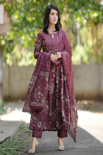 Wine Maroon Floral Printed Anarkali Kurta Set with Dupatta & Pants