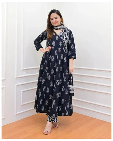 Black Printed Anarkali Kurta Set with Dupatta
