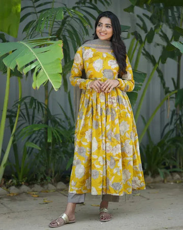 Mustard Yellow Floral Printed Anarkali Kurta Set