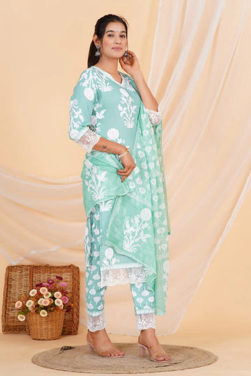 Mint Green Floral Print Kurta Set with Pants & Dupatta
