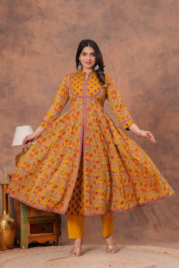 Mustard Yellow Floral Printed Anarkali Kurta with Pants