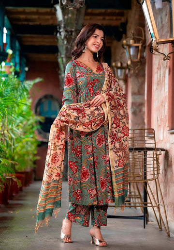Teal Green Floral Printed Kurta Set with Dupatta & Straight Pants