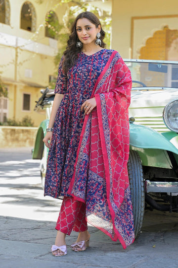 Navy Blue & Pink Floral Printed Anarkali Kurta Set with Dupatta & Pants