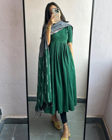 Bottle Green Solid Anarkali Kurti with Dupatta