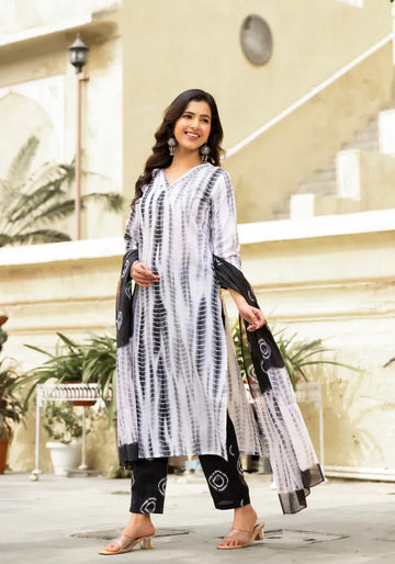 Grey & Black Abstract Printed Kurta Set with Dupatta & Straight Pants