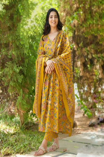 Mustard Yellow Floral Printed Kurta Pant Set with Dupatta