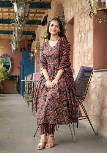 Rust & Navy Floral Printed Kurta Set with Striped Dupatta