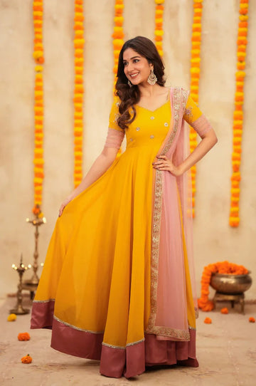 Mustard Yellow Anarkali Gown with Pink Dupatta