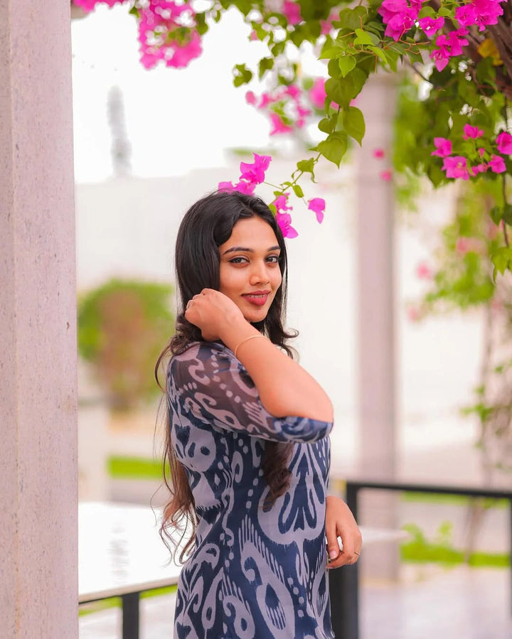 Navy Blue Printed Kurta Set for Women Elegant Ethnic Wear