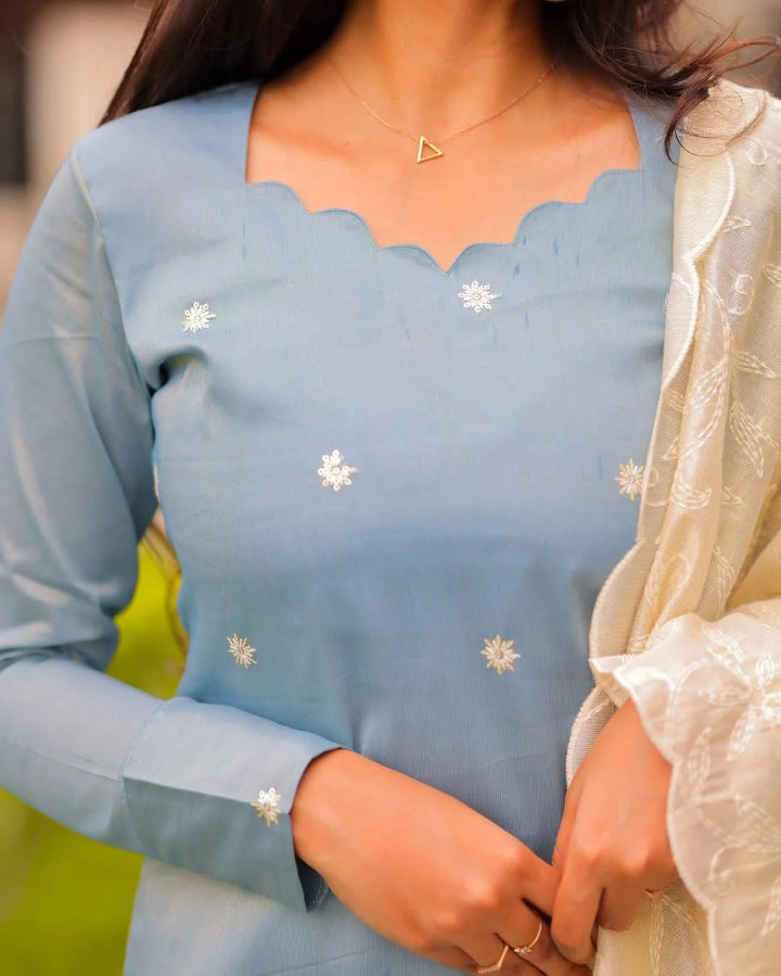 Sky Blue Kurta Set for Women with White Dupatta Elegant Ethnic Wear