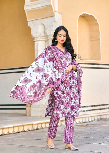 Purple Floral Printed Kurta Pant Set with Dupatta