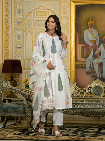 White Printed Anarkali Kurta Set with Dupatta