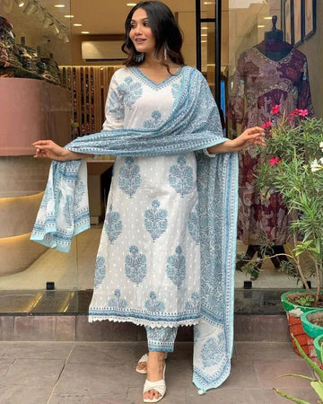 White & Sky Blue Floral Printed Cotton Kurta Set with Dupatta