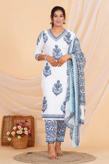 White & Blue Floral Printed Kurta Pant Set with Dupatta