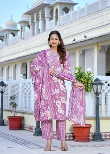 Mauve Purple Floral Printed Kurta Set with Dupatta & Straight Pants