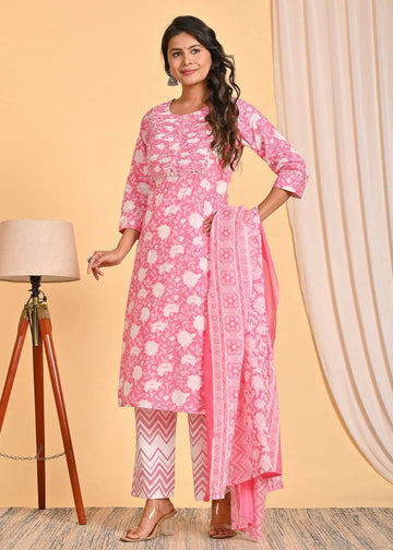 Pink Floral Printed Kurta Set with Dupatta & Zigzag Pants