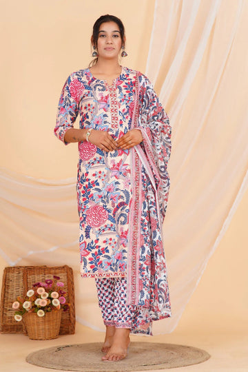 White Floral Printed Kurta Pant Set with Matching Dupatta