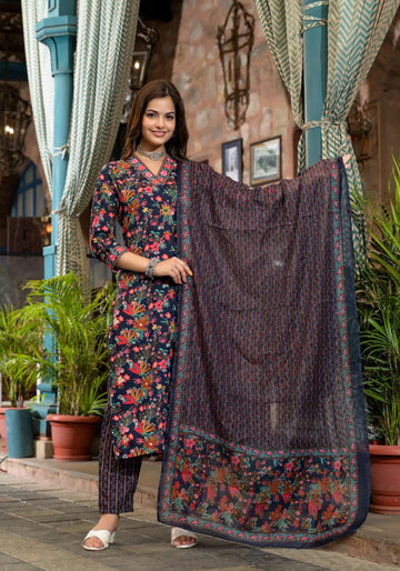 Navy Blue Floral Printed Kurta Set with Dupatta