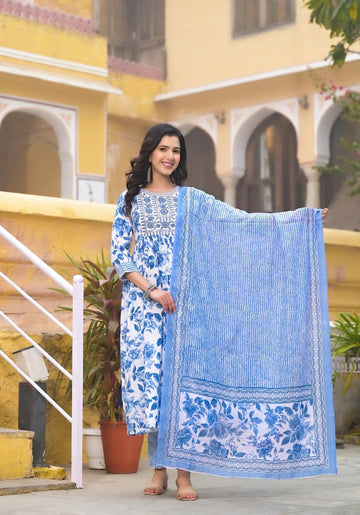 White & Blue Floral Printed Kurta Pant Set with Matching Dupatta
