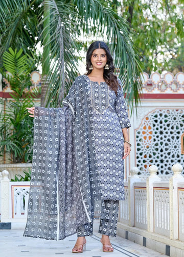 Grey Floral Printed Straight Kurta Set with Dupatta