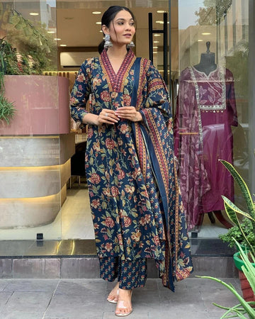 Navy Blue Floral Printed Kurta Pant Set with Dupatta