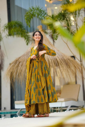 Mustard Yellow Leaf Print Kurta Set with Palazzo & Dupatta