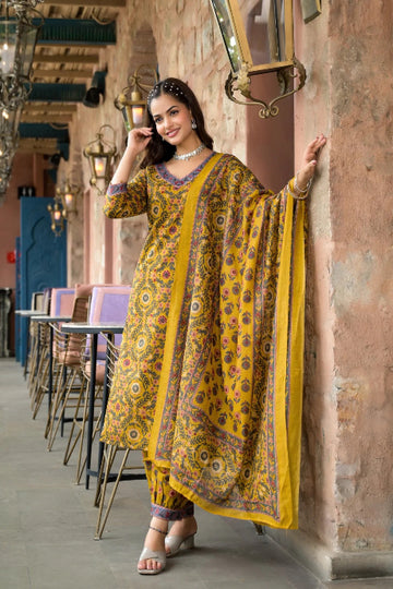 Mustard Yellow Floral Printed Kurta Pant Set with Dupatta