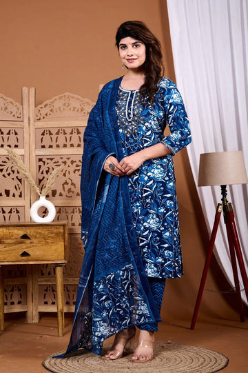 Navy Blue Floral Printed Kurta Set with Dupatta