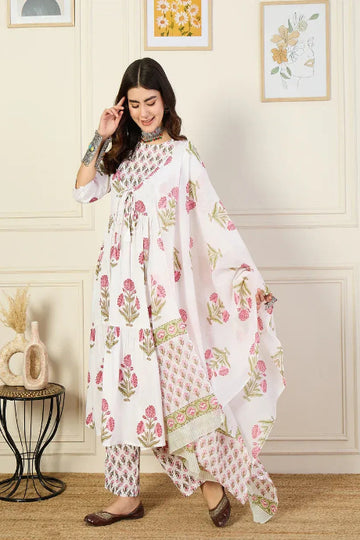 White Floral Printed Kurta Pant Set with Dupatta