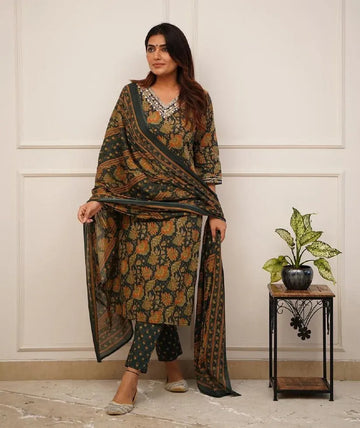 Olive Green Floral Printed Kurta Set with Dupatta & Straight Pants