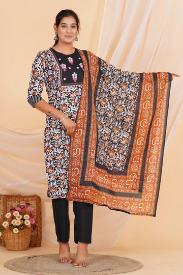 Black Floral Printed Kurta Pant Set with Dupatta