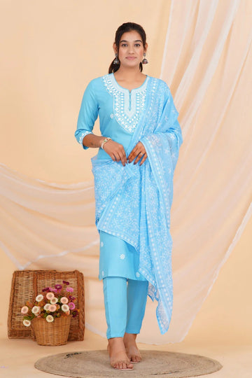 Sky Blue Embroidered Kurta Pant Set with Printed Dupatta