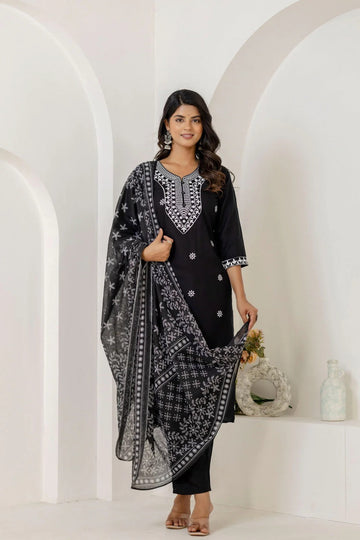 Black Embroidered Kurta Set with Printed Dupatta & Straight Pants