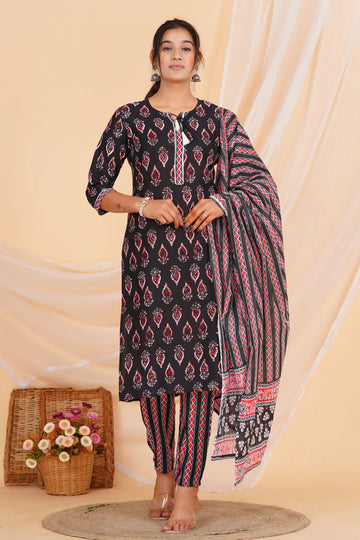 Black Printed Kurta Pant Set with Matching Dupatta