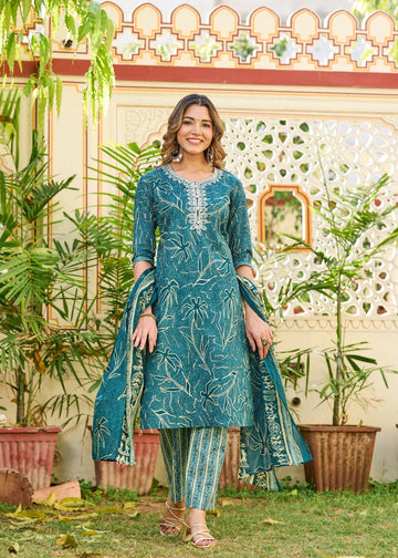 Teal Green Floral Print Kurta Set with Straight Pants & Dupatta