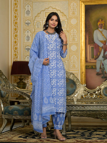 Sky Blue Floral Printed Kurta Set with Dupatta & Straight Pants