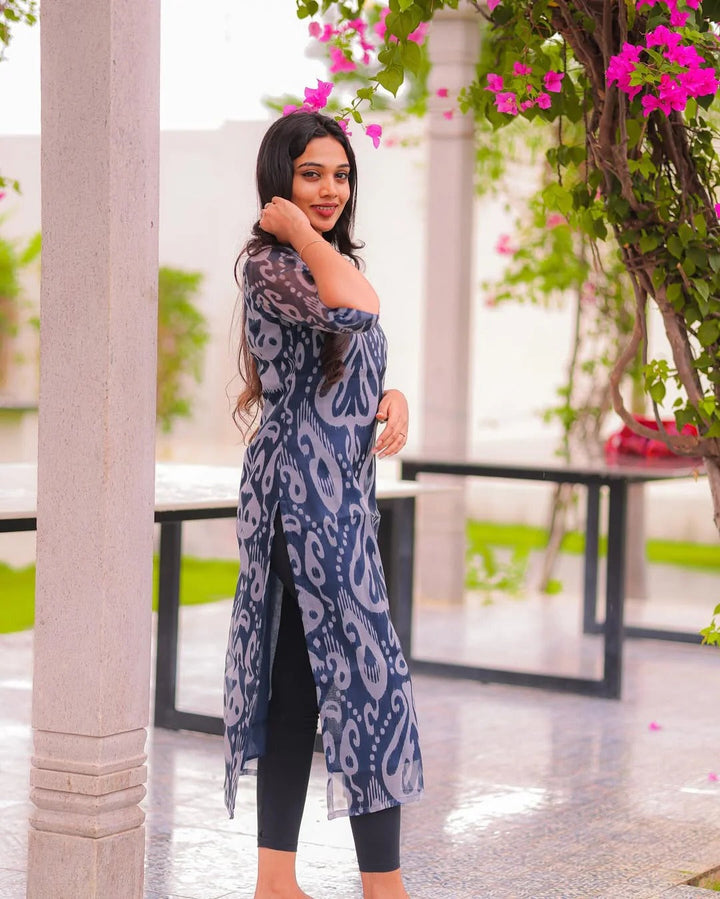 Navy Blue Printed Kurta Set for Women Elegant Ethnic Wear