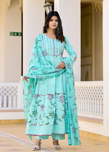 Sea Green Floral Printed Anarkali Suit with Dupatta