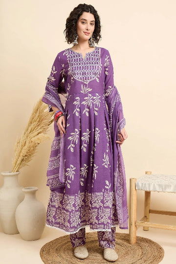 Purple Ethnic Printed Anarkali Kurta Set with Dupatta & Straight Pants