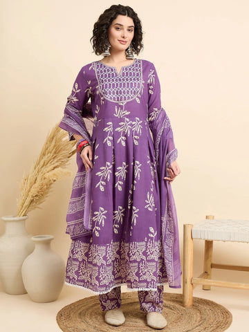 Purple Floral Printed Anarkali Kurta Set with Dupatta