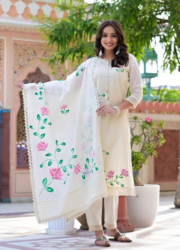 Ivory White Floral Embroidered Kurta Pant Set with Dupatta