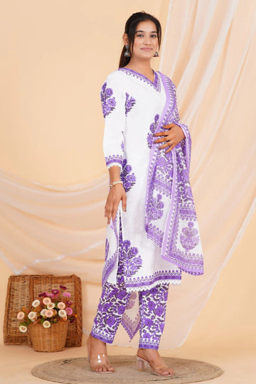 White & Purple Floral Print Kurta Set with Pants & Dupatta