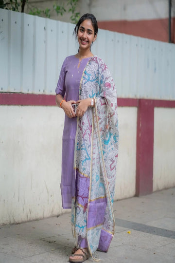 Lavender Cotton Kurta Set with Printed Dupatta
