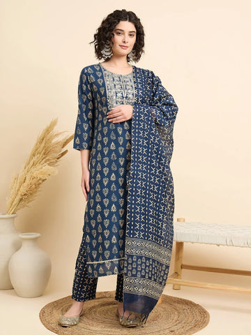 Navy Blue Printed Kurta Pant Set with Dupatta