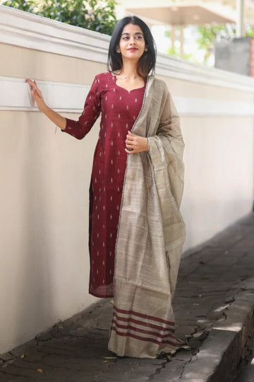 Maroon Cotton Kurta Set with Beige Handloom Dupatta