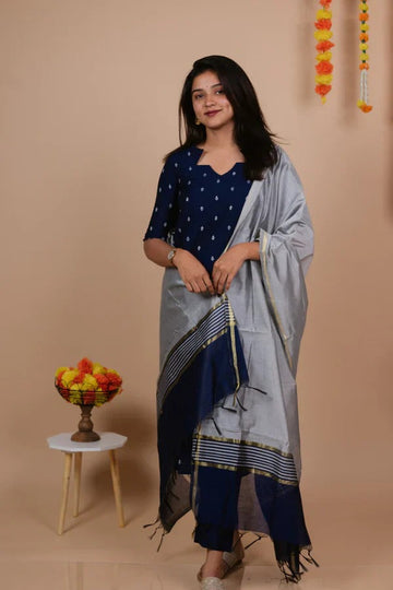 Navy Blue Printed Kurti Set with Silver Dupatta