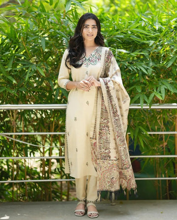 Cream Embroidered Kurta Pant Set with Printed Dupatta