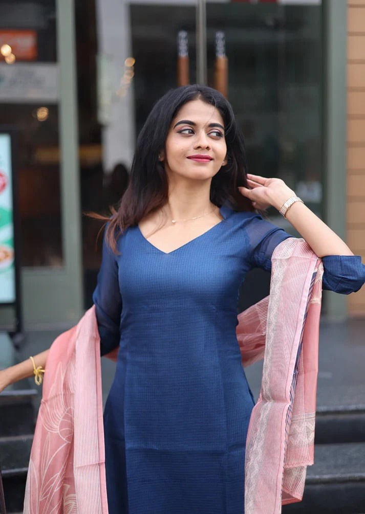 Elegant Blue Kurta Set with Pink Dupatta Premium Ethnic Wear