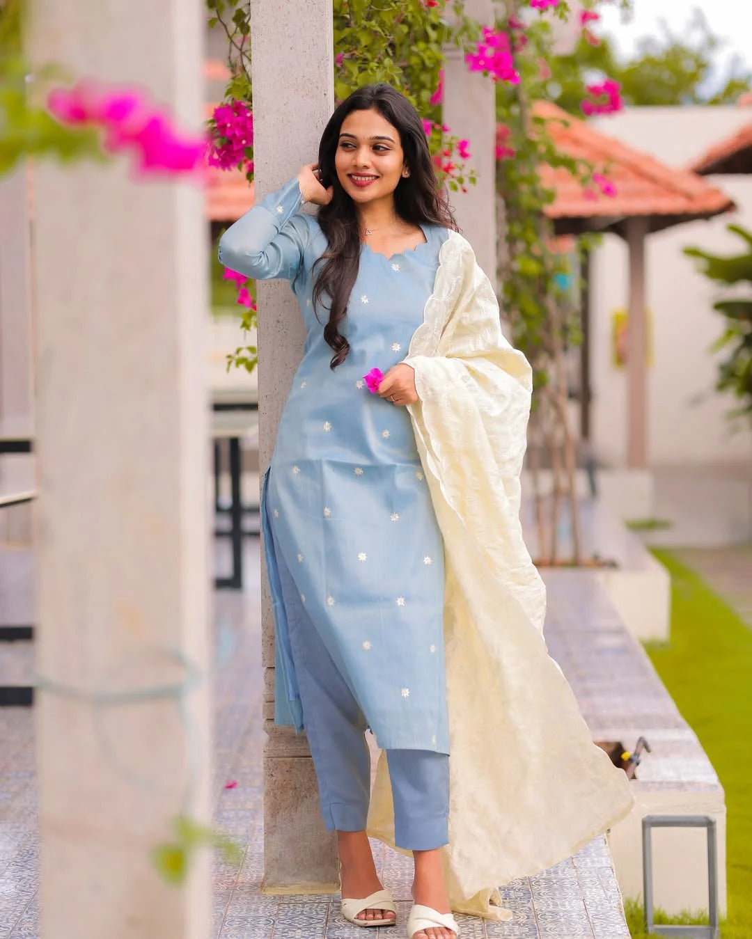 Sky Blue Kurta Set for Women with White Dupatta Elegant Ethnic Wear
