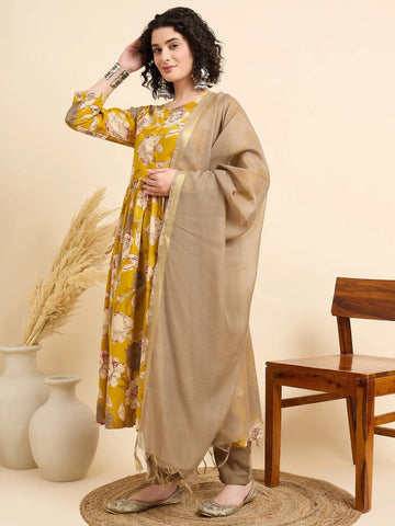 Mustard Yellow Floral Printed Kurta Pant Set with Soft Dupatta